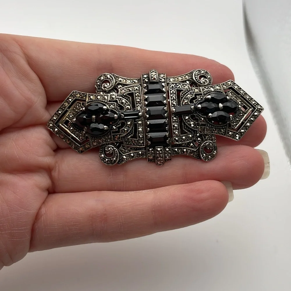 Vintage Art Deco Convertible Sterling Brooch Duette Dress Clip Set Black Crystal